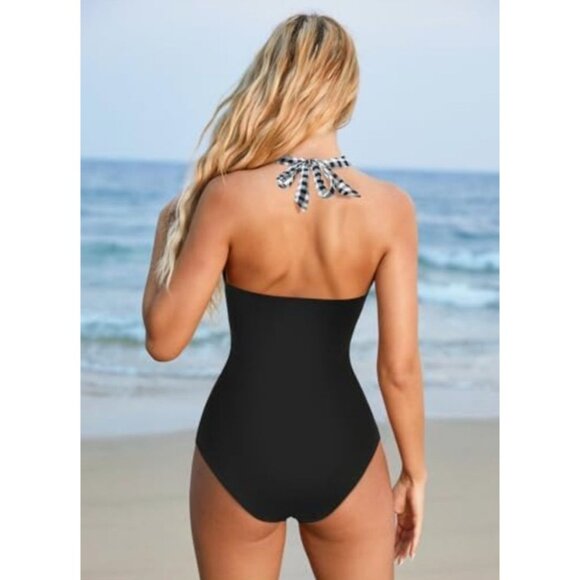 Womens Black & White Gingham Halter One-Piece Swimsuit Tummy Control Size Large - Picture 2 of 9